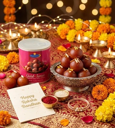 Ghasitaram's Rakhi Gift Hamper Gulab Jamun Tin 1kg with Rakhi, Roli Tikka & Greeting Card Ghasitaram's Rakhi Gift Hamper Gulab Jamun Tin 1kg with Rakhi, Roli Tikka & Greeting Card