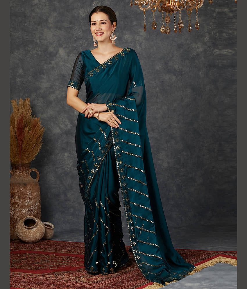 Samah Georgette Embellished Saree With Unstitched Blouse Piece ( Rama )