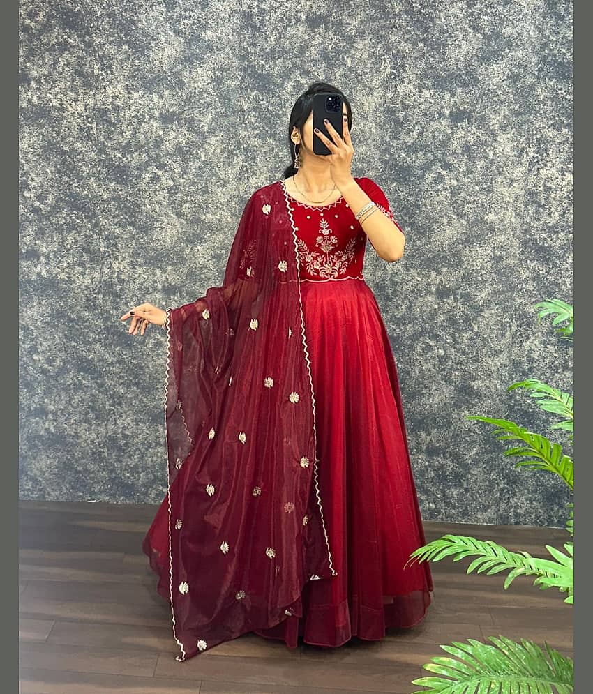 INDIAN SILKS Women Velvet Anarkali Stitched Ethnic Gown With Dupatta ( Red )