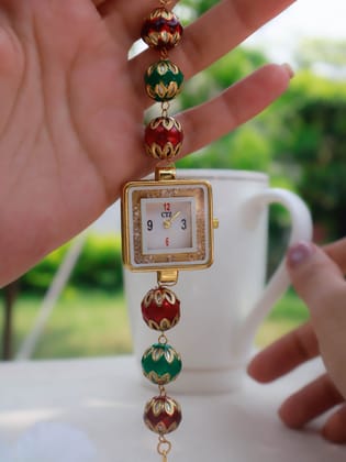 Allegra Red-Green Meenakari Wrist Watch-Multicolored