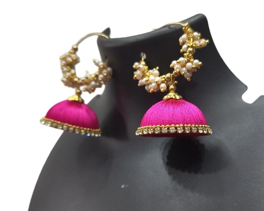 Buy Online Pink Color Silk Thread Jhumka Earrings With Pearls For Women