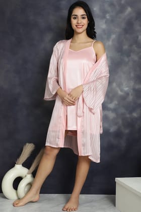 Pink color Striped Printed Polyester Nightdress With Robe-S