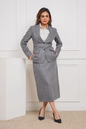 Power Play in Herringbone Gray Blazer with Skirt Set-XS / XS