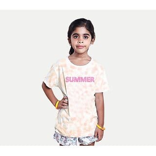 Radprix Girls Typography, Tie & Dye Pure Cotton T Shirt (Orange, Pack Of 1)