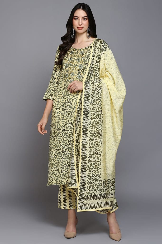 Premium Women Yellow Silk Blend Floral Straight Suit Set VKSKD1865 2026 at ShopCircuit | ONDC