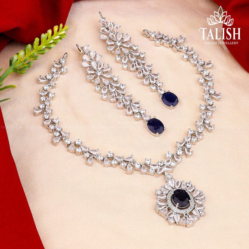 Silver-Plated Floral Design Necklace Set with American Diamond Stones and Deep Blue Accents