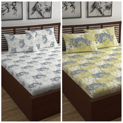 Grey and Green Autumn Tree Leaf Elastic Fitted Combo Bedsheet For Double Bed-Double / Grey and Green / PR_5004-5005-FDB
