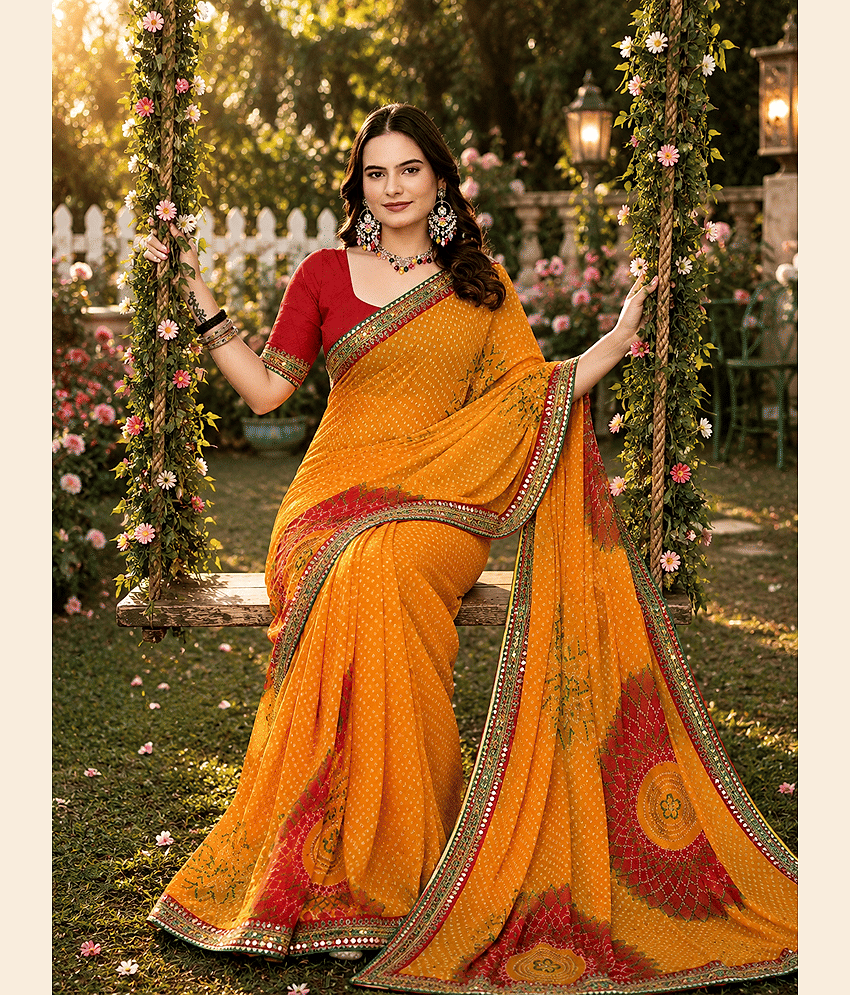 Kanooda Prints Chiffon Printed Regular Saree With Unstitched Blouse Piece ( Yellow1 )