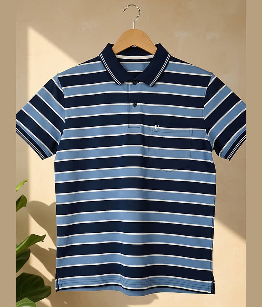 UNIBERRY Men Cotton Blend Regular Fit Striped Polo T Shirt ( Sky Blue )