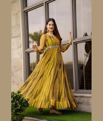Trijal Fab Women Georgette Printed Gown ( Yellow )