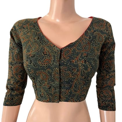 Ajrakh Cotton V neck Blouse with 3/4 Sleeves,  Green ,  BA1161-S