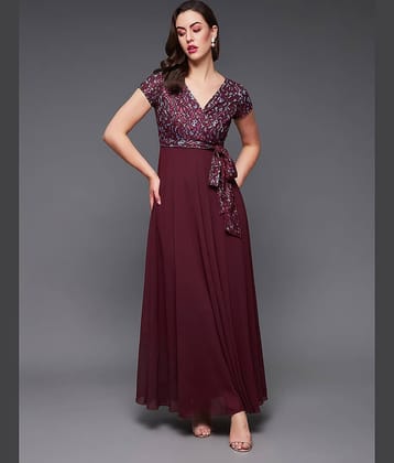 Miss Chase Women Georgette Self Design Fit & Flare Dress ( Wine )