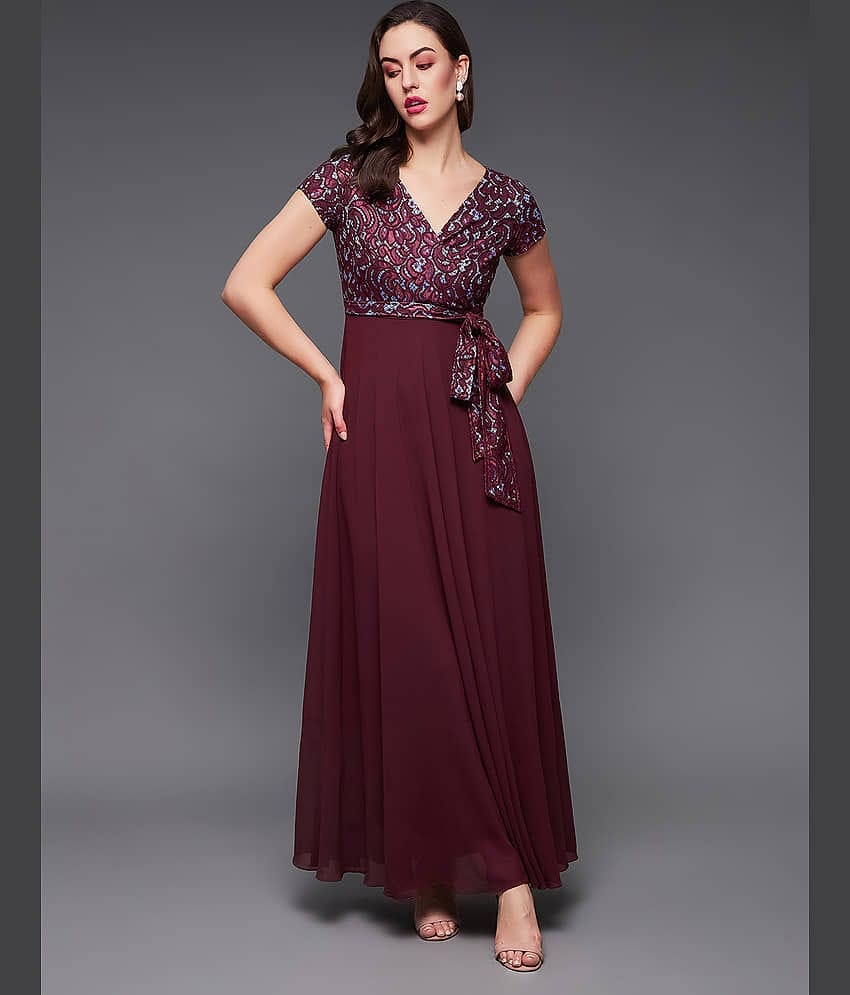 Miss Chase Women Georgette Self Design Fit & Flare Dress ( Wine )