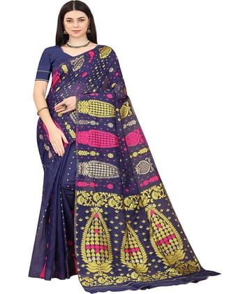 NENCY FASHION Cotton Printed Saree With Unstitched Blouse Piece ( Navy Blue )