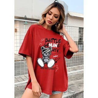 Leotude Red Printed Cotton Blend Round Neck Half Sleeve T-Shirts For Womens