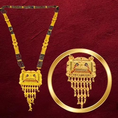 One-Gram Gold-Plated Black Bead Mangalsutra with Peacock Pendant