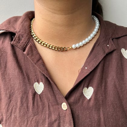 PEARL CUBAN HALF NECKLACE - 18K GOLD-PLATED