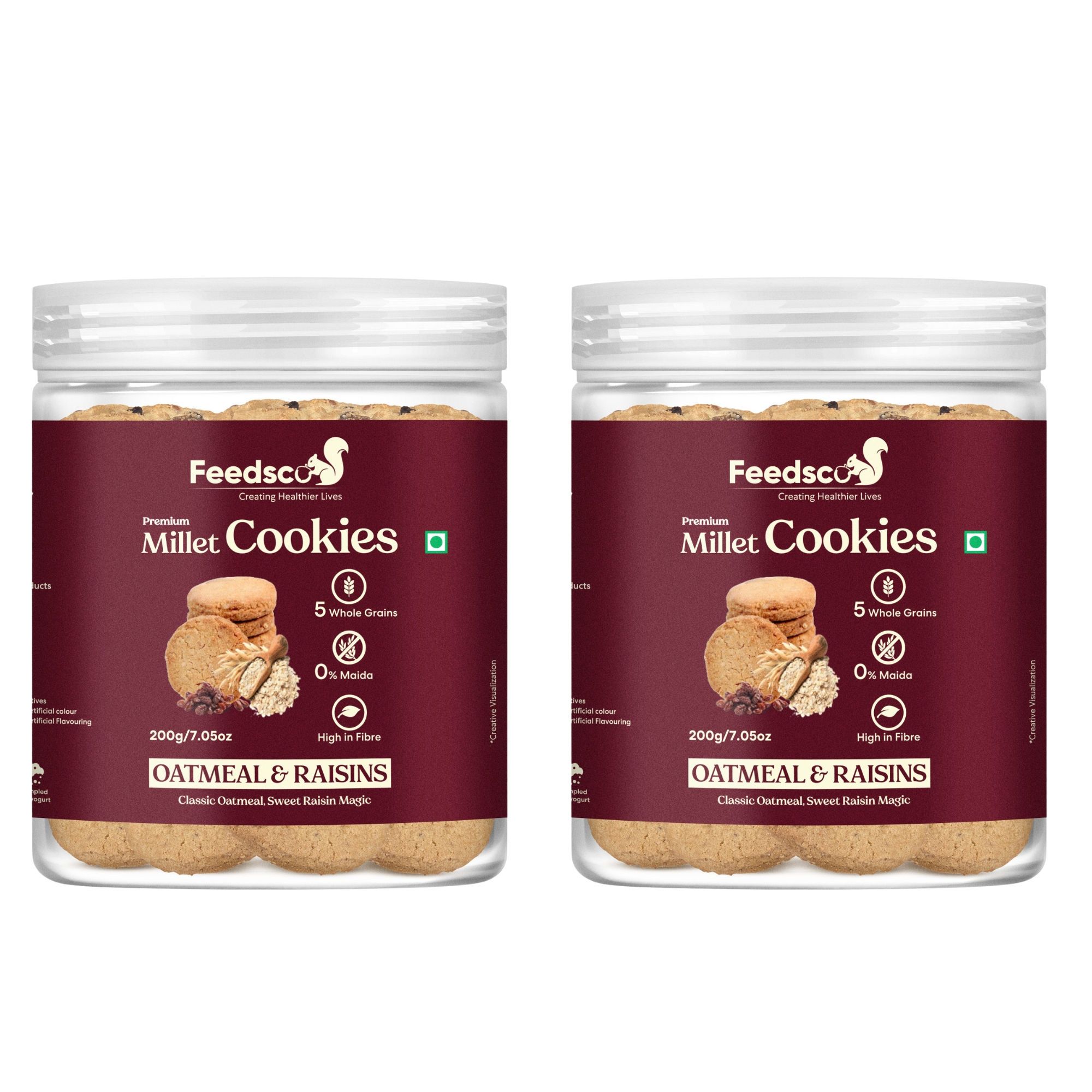 Feedsco Millet Oatmeal & Raisins Cookies (200g x 2 Packs) - Multigrain, Premium Handmade Healthy Snack Biscuits | No Preservatives | Ideal Kids Snack, Tiffin Box Treat