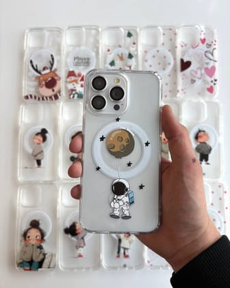 Festive Astronaut Heart Custom Magsafe Clear Transparent iPhone Hybrid Silicone Slim Case-Design 1