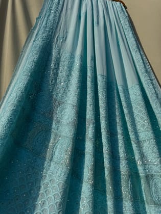 Viscose Blue Chikankari saree with Pearl embellishments-Blue