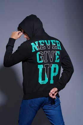 Never Give Up in Green Printed Black Hoodie for Men S