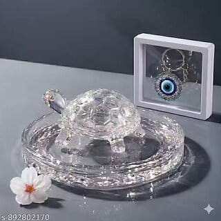 Crystal Glass Turtle Plate with Free Evil Eye Keychain | Vastu Feng Shui Tortoise for Wealth, Luck & Home Decor