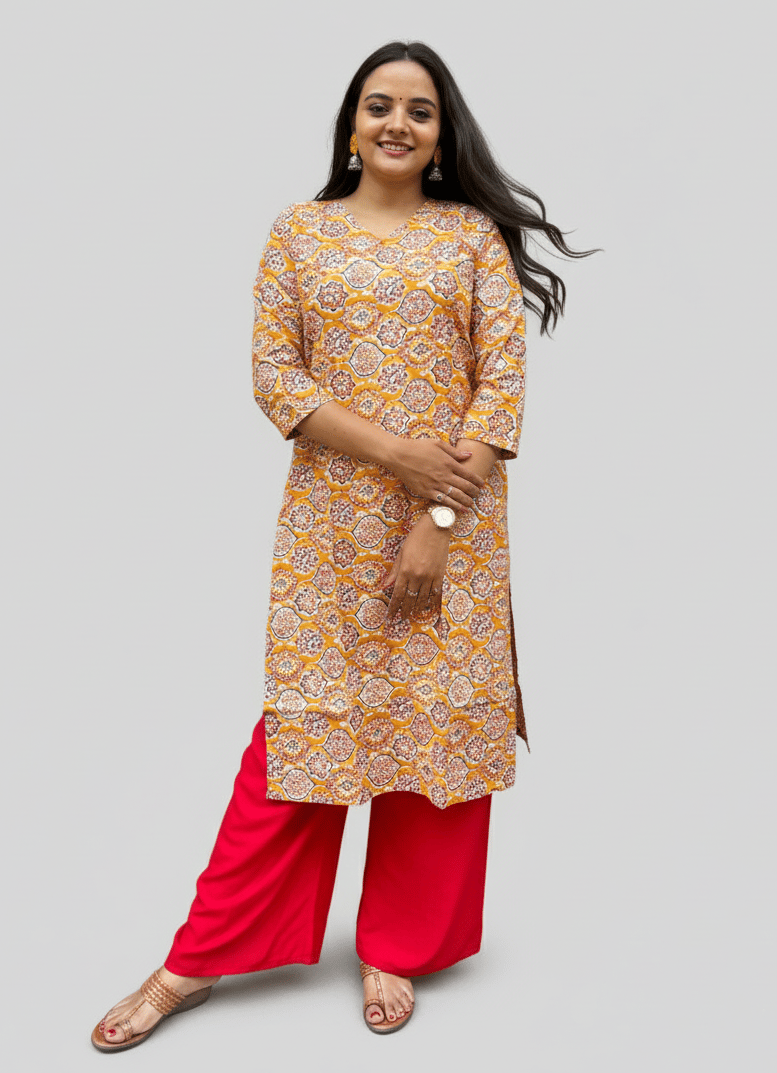 Rivaaj Ethnic Ganga Straight Kurta (Size M) | Yellow Pure Cotton Fabric with V Neck | Summer Ethnic Wear | 3/4 Sleeves