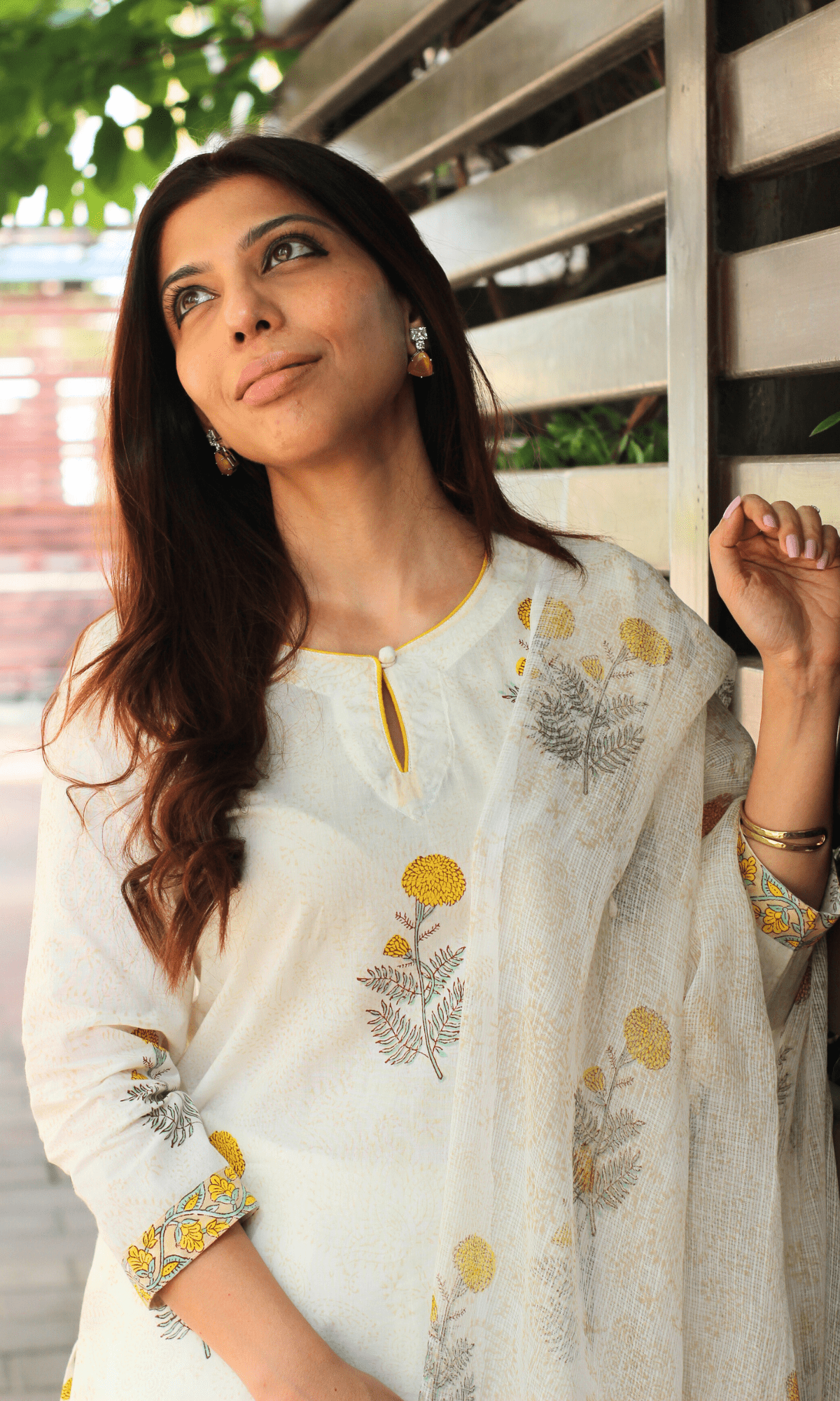 Cotton White Handblock Marigold Print Suit with Kota Doria Handblock Print Dupatta-XXS