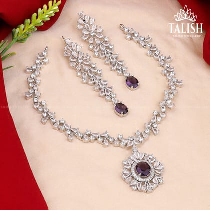 Silver-Plated Floral Design Necklace Set with Purple American Diamond Stones