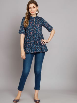 Blue Floral Print Collared Top-M / Blue