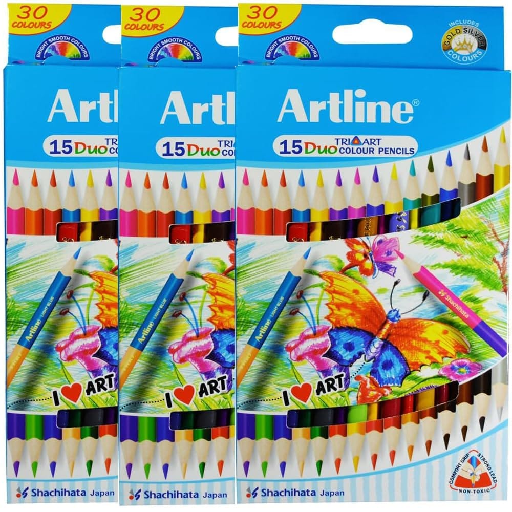 Artline DUO Art Colour Pencils set of 15 with 7 inch Brush Free Inside X 3 Packs | Excellent Colour Mixing & Blending
