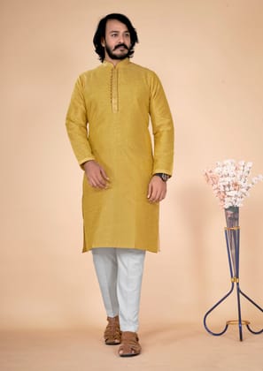 Golden Cotton Silk Kurta with Printed Self-Design-S