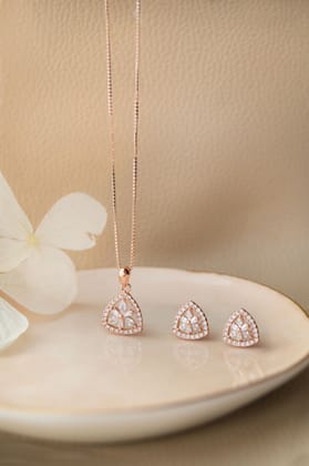Triangular Flower Rose Gold Plated Sterling Silver Pendant Set-With Chain / Rose
