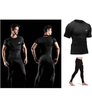Rider Full Length Compression 1 Pcs LOWER With 1 Pcs Half Sleeve T-SHIRT Multi Sports Exercise/Gym/Running/Yoga/Other Outdoor inner wear for Sports - Skin Tight Fitting - Black Color 2 pcs combo