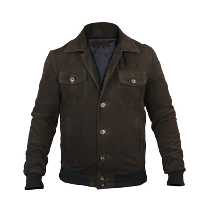 Dual Collar Bomber Olive Suede Leather Jacket For Men with Flap Pockets Button Closure By Brune And Bareskin-S