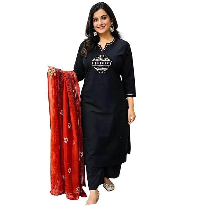 Embroidered Kurti Set with Matching Dupatta & Pants
