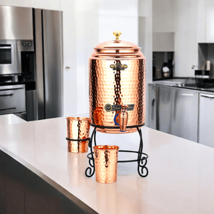 Pure Copper dispenser hammered finish with stand and 2 glass 5 litres