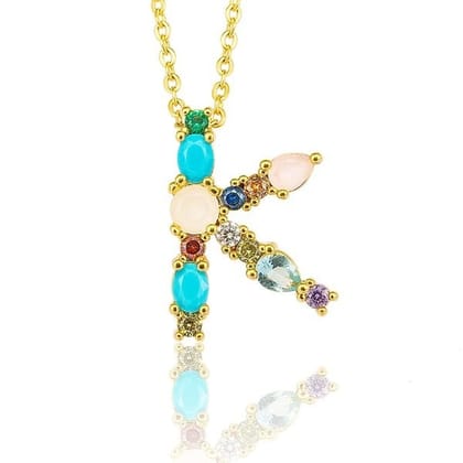 Rainbow Gemstone Initial Alphabet Letter K Necklace Pendant Chain-K