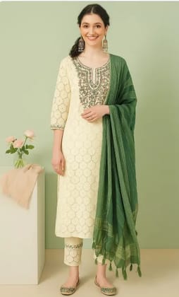 Women's Beige Cotton Embroidered Kurta Set