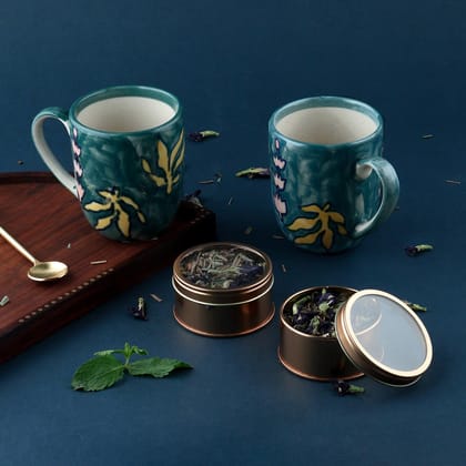 Hand-painted Peacock Blue Ceramic Cups & Mystical Blue Herbal Tea (40 gms) Gift Set