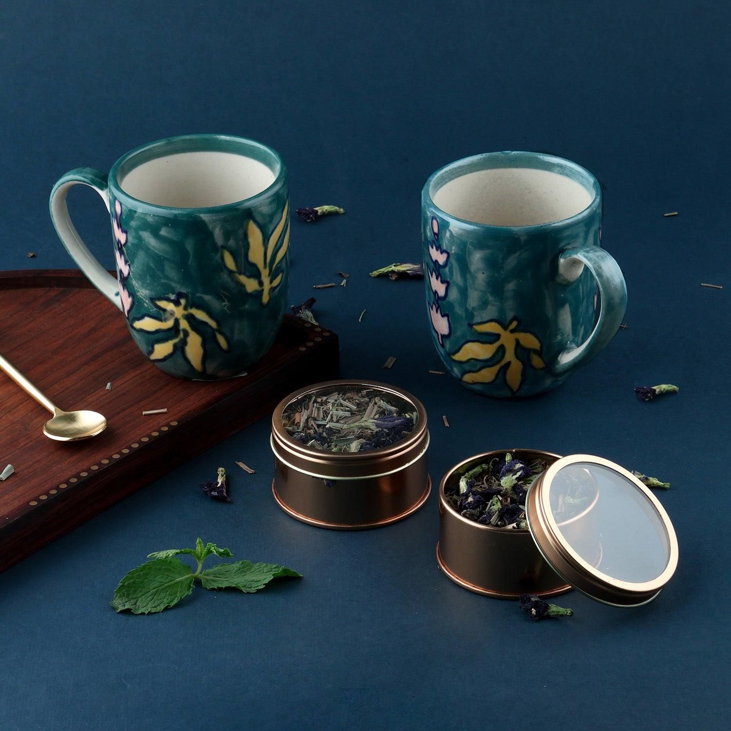 Hand-painted Peacock Blue Ceramic Cups & Mystical Blue Herbal Tea (40 gms) Gift Set