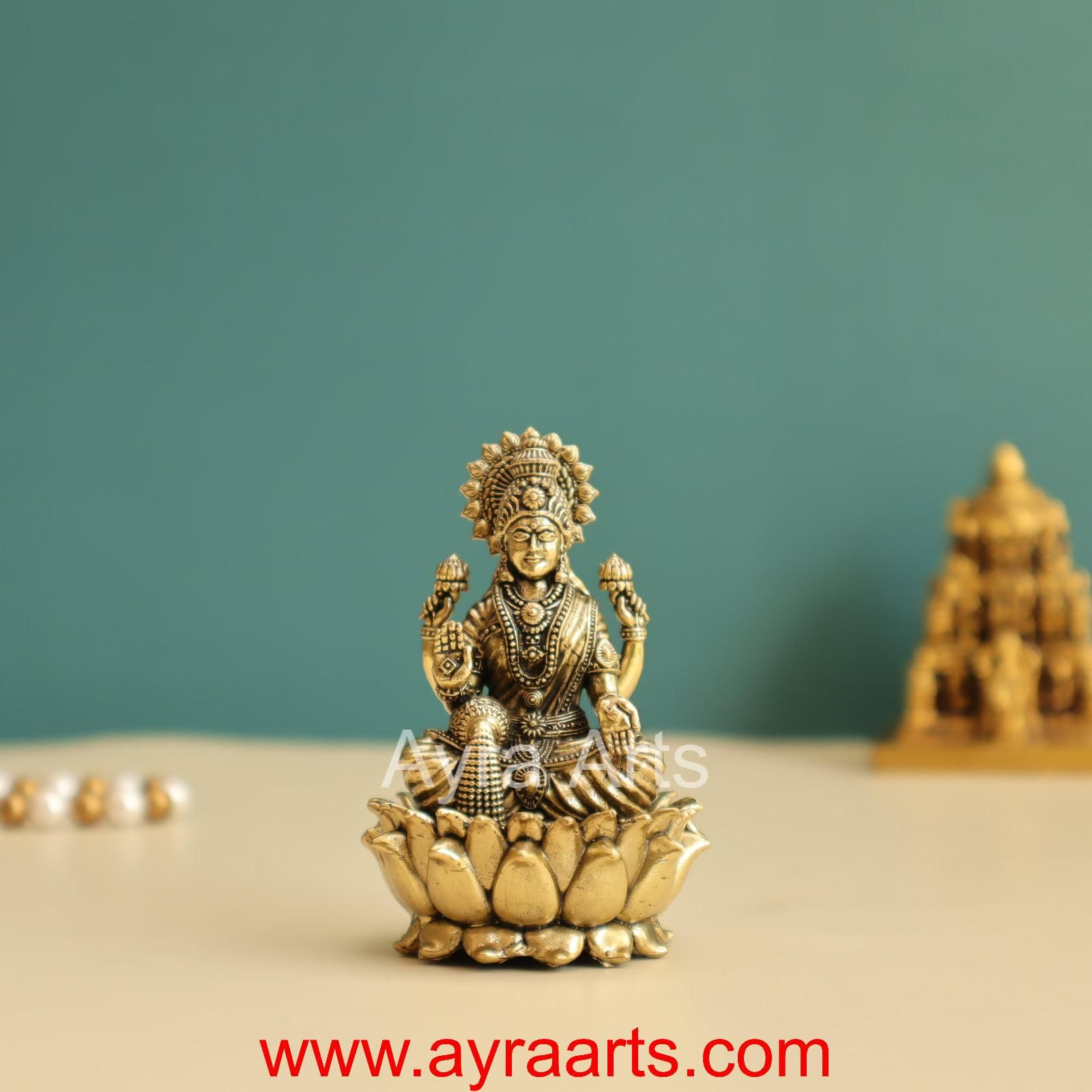 Premium Brass Goddess Dhana Lakshmi Idol sitting on Lotus - 3 Inch Height
