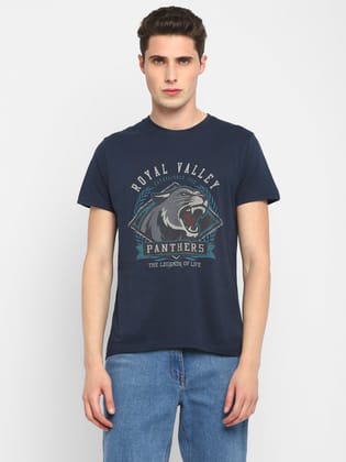 100% Cotton Printed Round Neck T-Shirt for Men - Navy-L / Navy