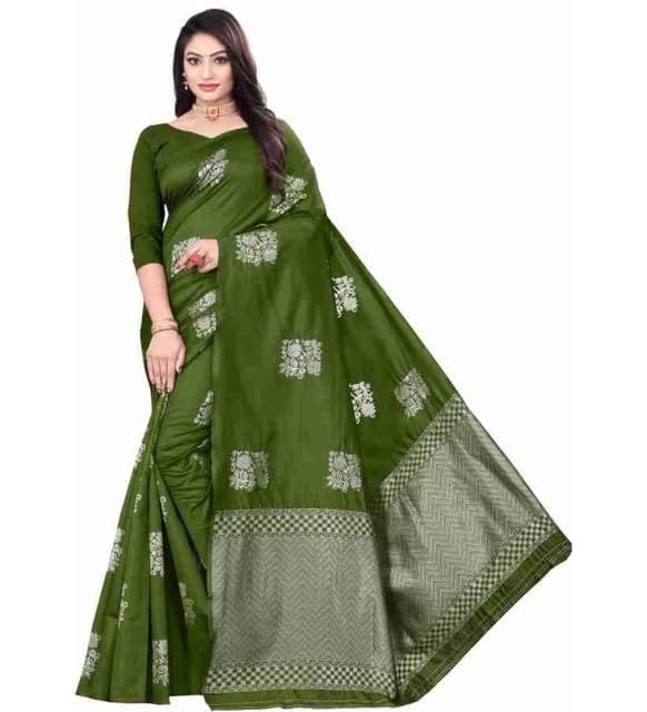 Women's Soft Lichi Silk Printed Saree With Unstitched Blouse 5.5Mtr (Green)-PID63576