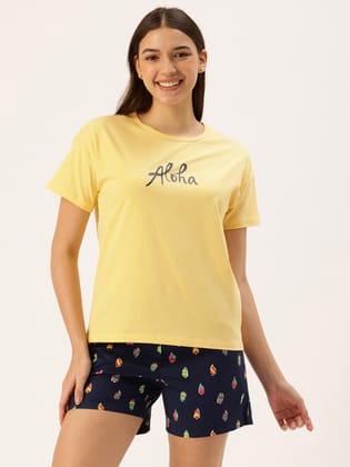 Yellow Typography T-shirt & Shorts-S