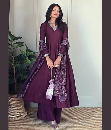 kedar fab Women Silk Embroidered Anarkali Kurti With Palazzo ( Purple )