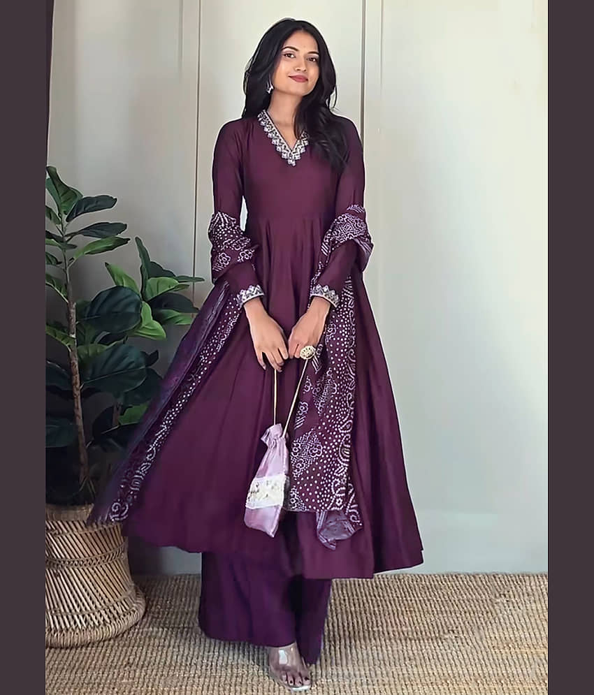 kedar fab Women Silk Embroidered Anarkali Kurti With Palazzo ( Purple )