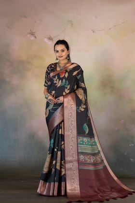 Hand Paint Kalamkari Jacquard Checks Print Saree