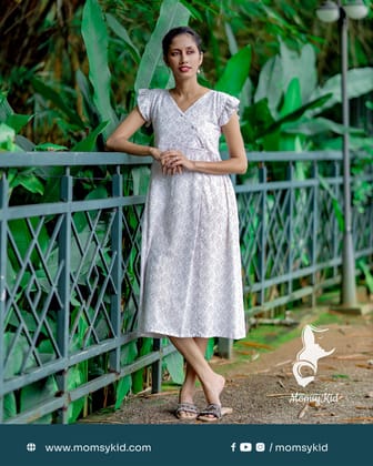 White Floral Print Midi Length Cotton Dress - Half Sleeve