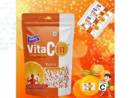 Derby VitaCin Standy Pouch - 50 pieces in packet, Orange Flavoured Candies Enriched with Vitamin C Candies